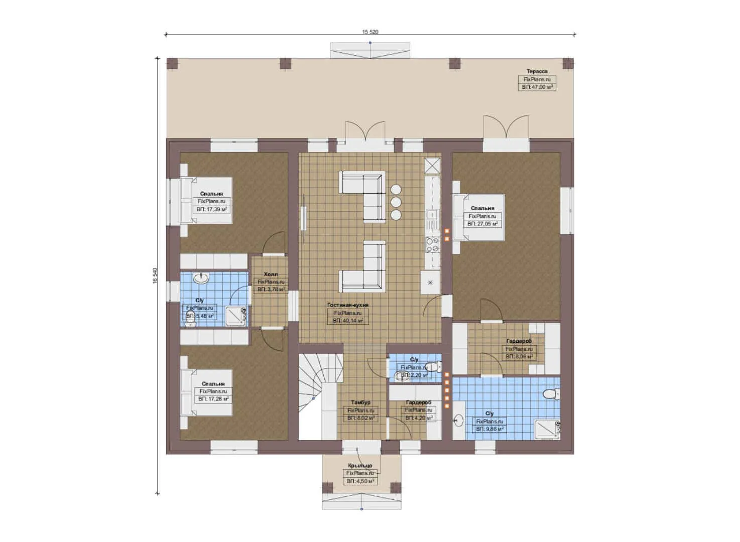F-13211 - План одноэтажного дома 16 на 17, площадью 200 м² с террасой и 3 спальнями