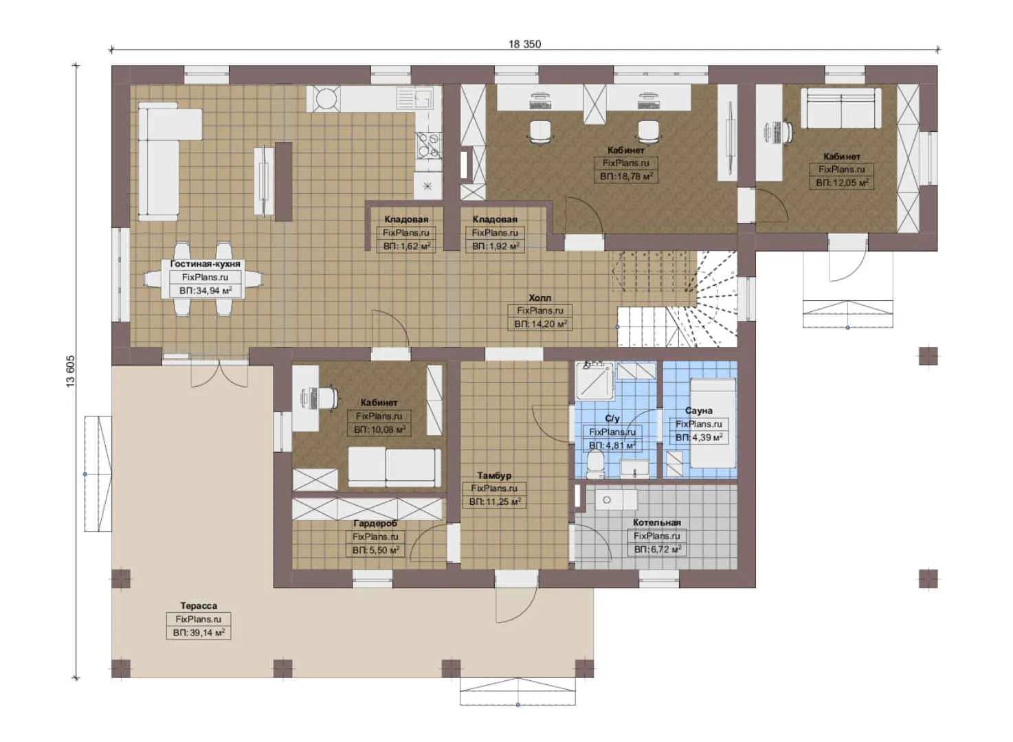 F-13076 - Планы двухэтажного дома 14 на 19, площадью 260 м² с террасой, баней и 4 спальнями