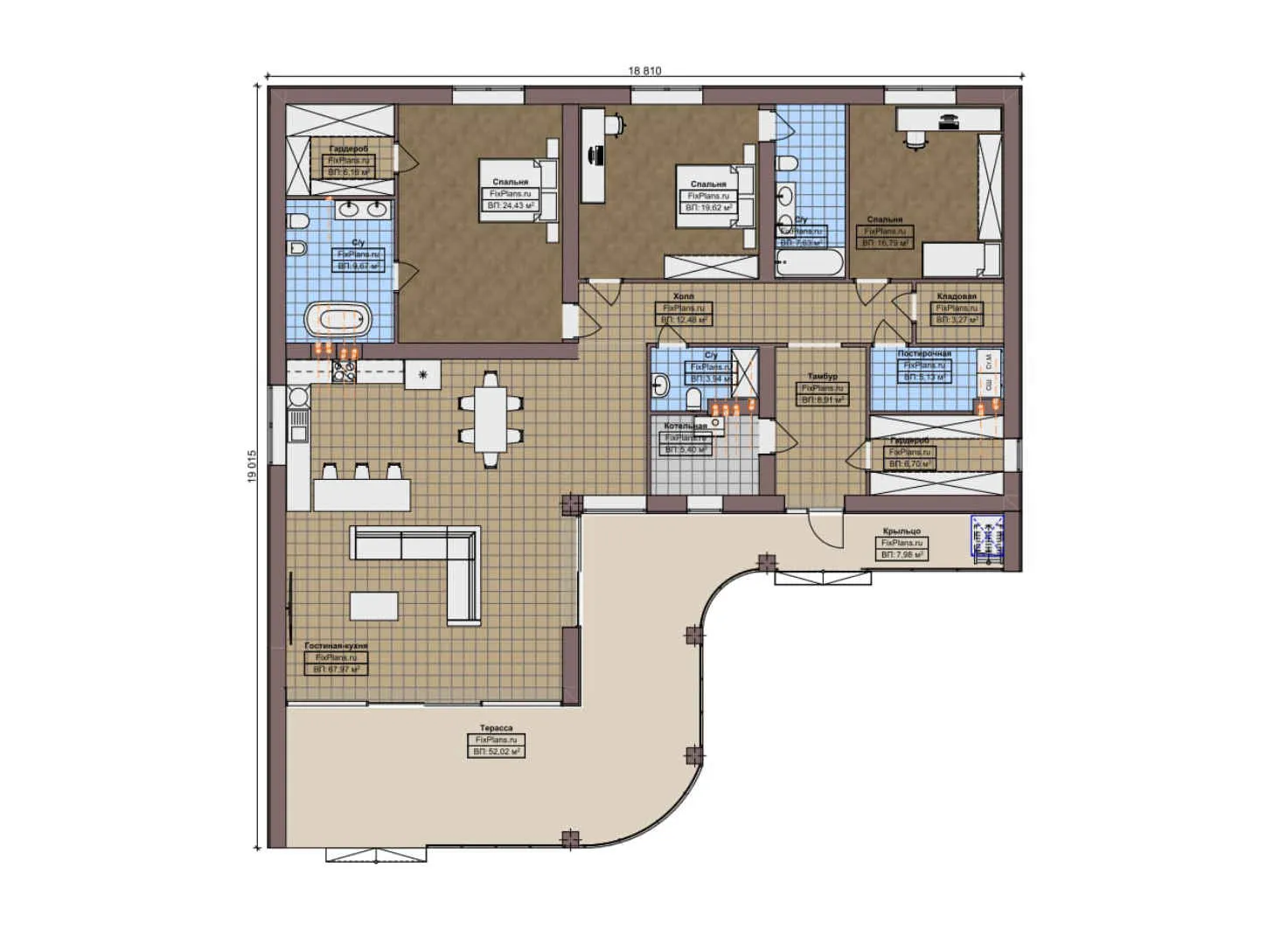 F-3842 - План одноэтажного дома 19 на 20, площадью 260 м² с террасой и 3 спальнями