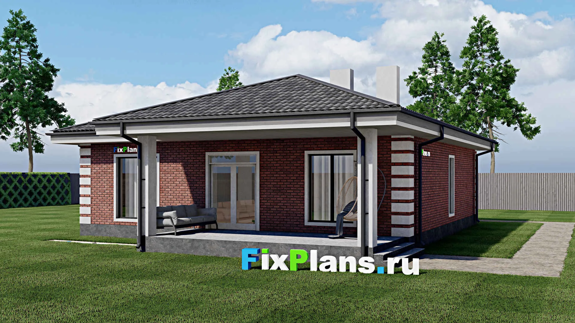 F-1250 - Проект одноэтажного дома 12 на 12, площадью 140 м² с террасой и 3 спальнями