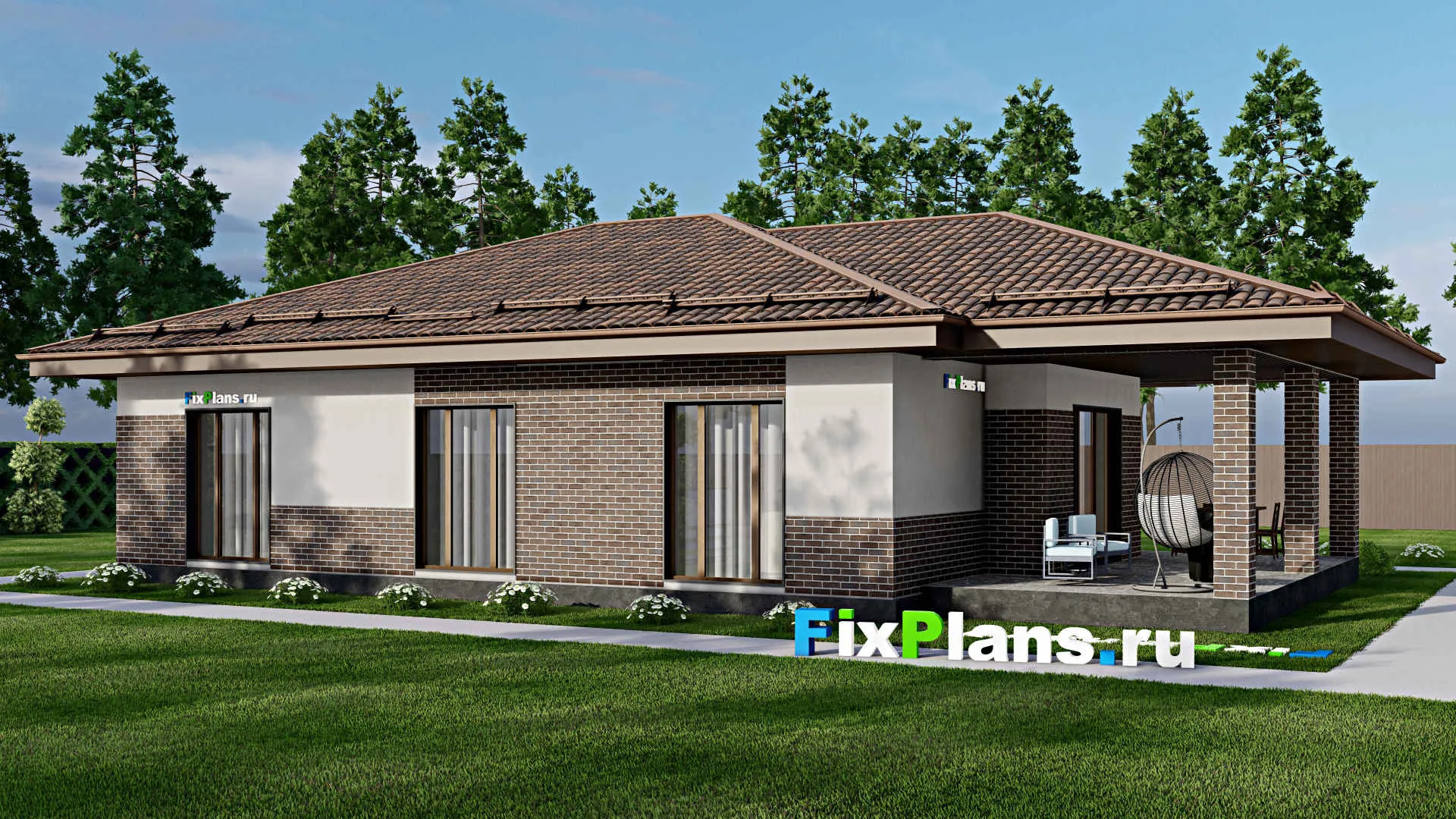 F-8396 - Проект одноэтажного дома 13 на 17, площадью 160 м² с террасой и 3 спальнями