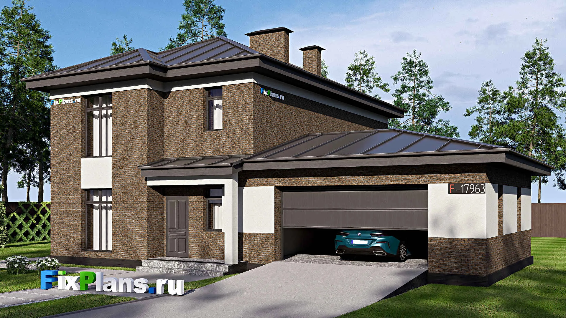 F-17963 - Проект двухэтажного дома 17 на 18, площадью 250 м² с террасой, гаражом на 2 машины и 4 спальнями