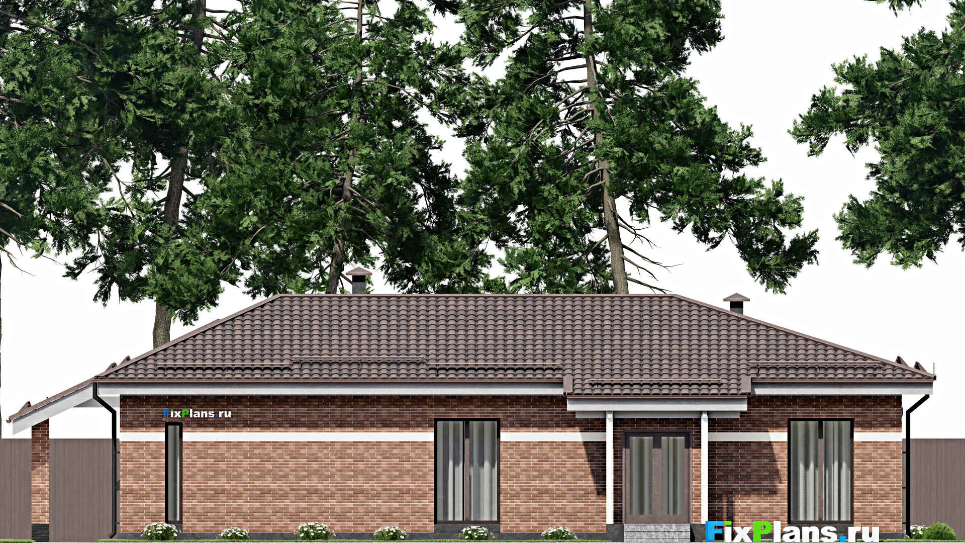 F-6317 - Проект одноэтажного дома 18 на 18, площадью 180 м² с баней, гаражом на 2 машины и 3 спальнями