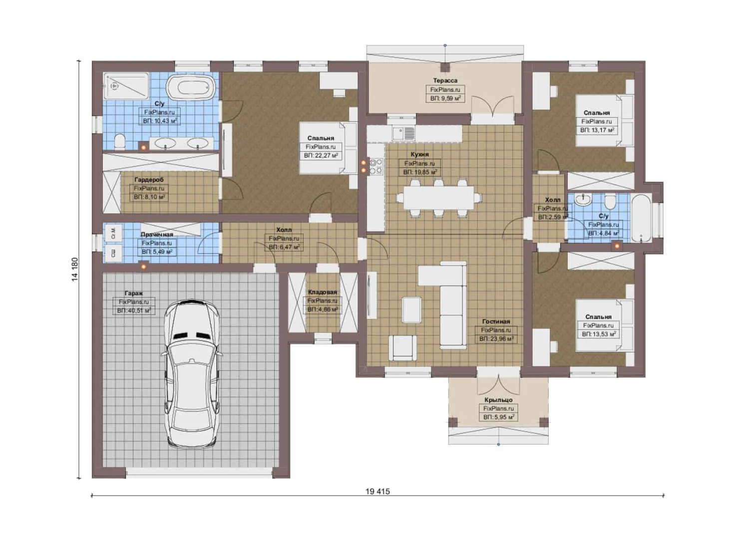 F-16397 - План одноэтажного дома 15 на 20, площадью 200 м² с 3 спальнями