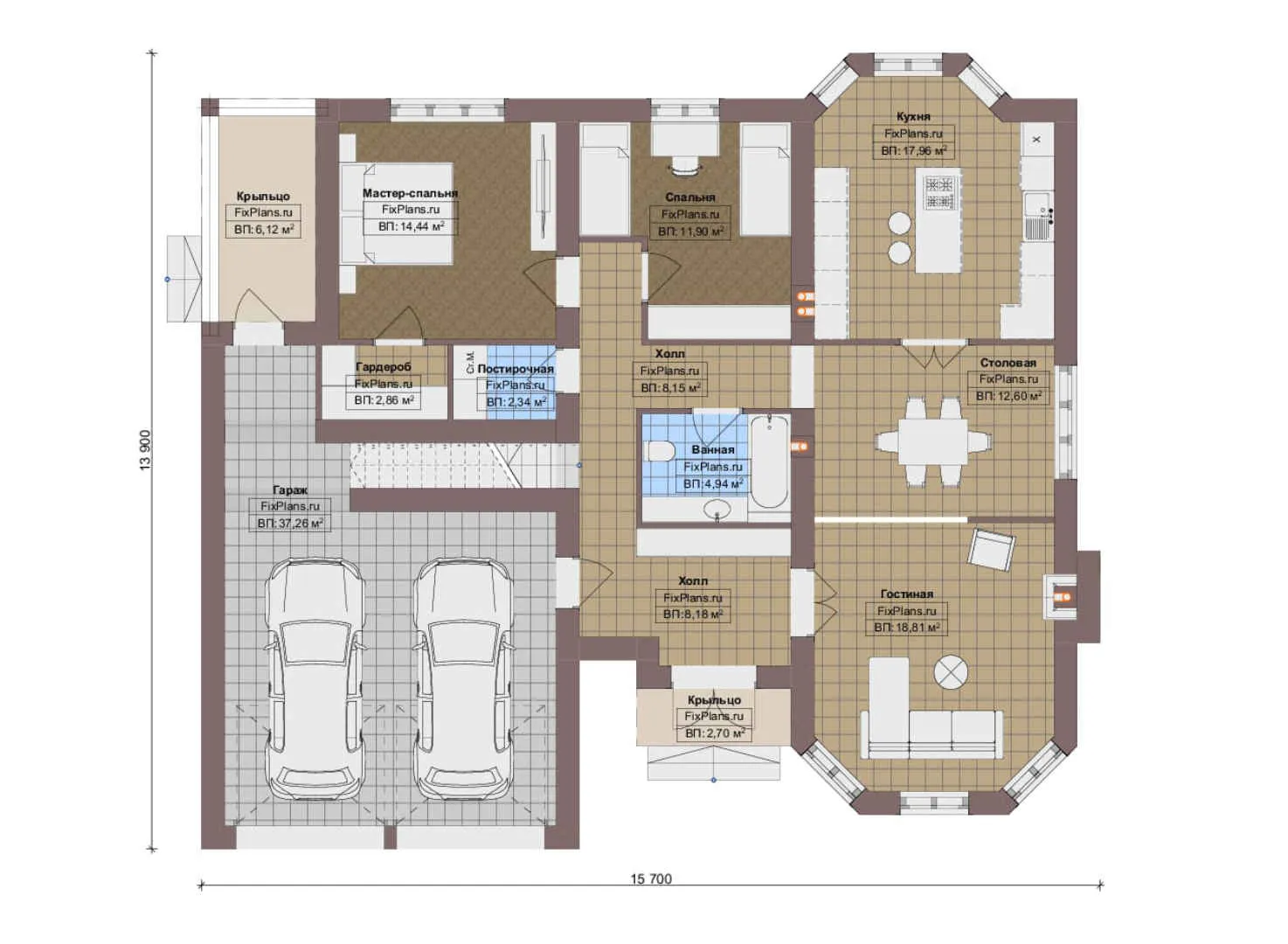 F-20654 - Планы дома с мансардой 14 на 16, площадью 190 м² с гаражом на 2 машины и 2 спальнями