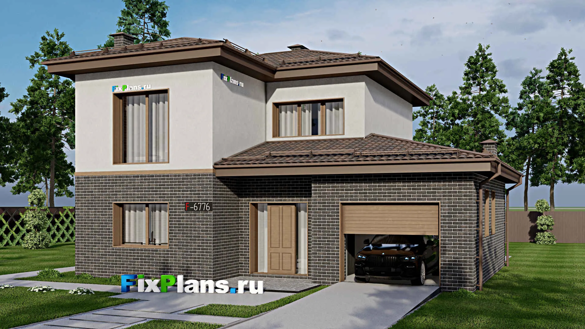 F-6776 - Проект двухэтажного дома 14 на 16, площадью 200 м² с террасой, гаражом на 1 машину и 4 спальнями