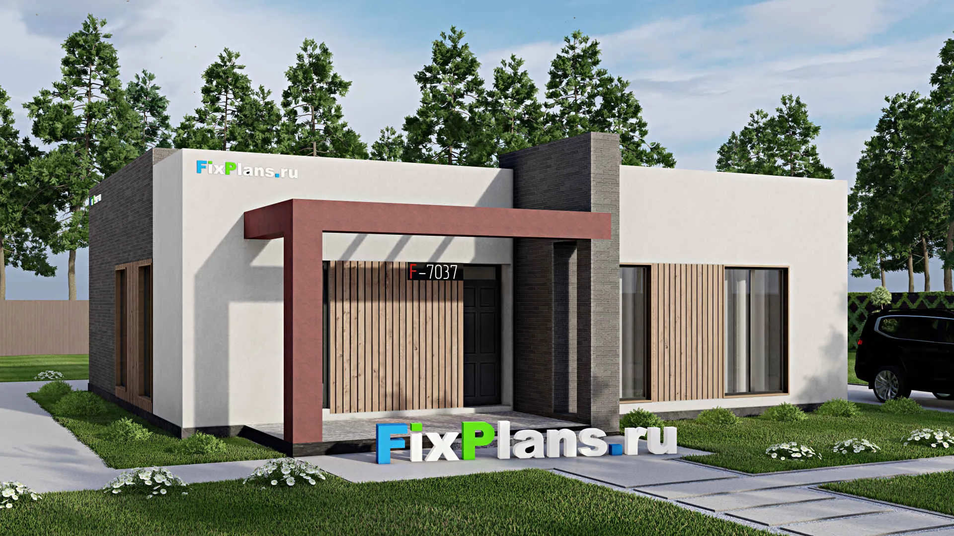 F-7037 - Проект одноэтажного дома 14 на 15, площадью 150 м² с террасой и 2 спальнями