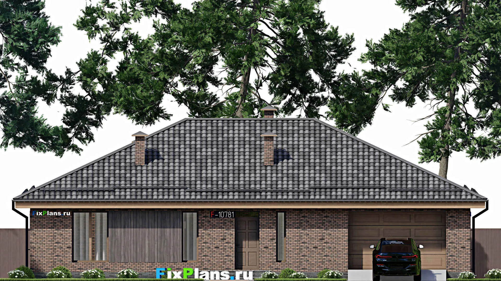 F-10781 - Проект одноэтажного дома 15 на 18, площадью 180 м² с гаражом на 2 машины и 2 спальнями