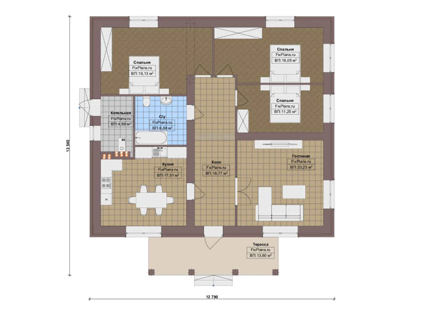 F-13760 - План одноэтажного дома 13 на 14, площадью 130 м² с террасой и 3 спальнями