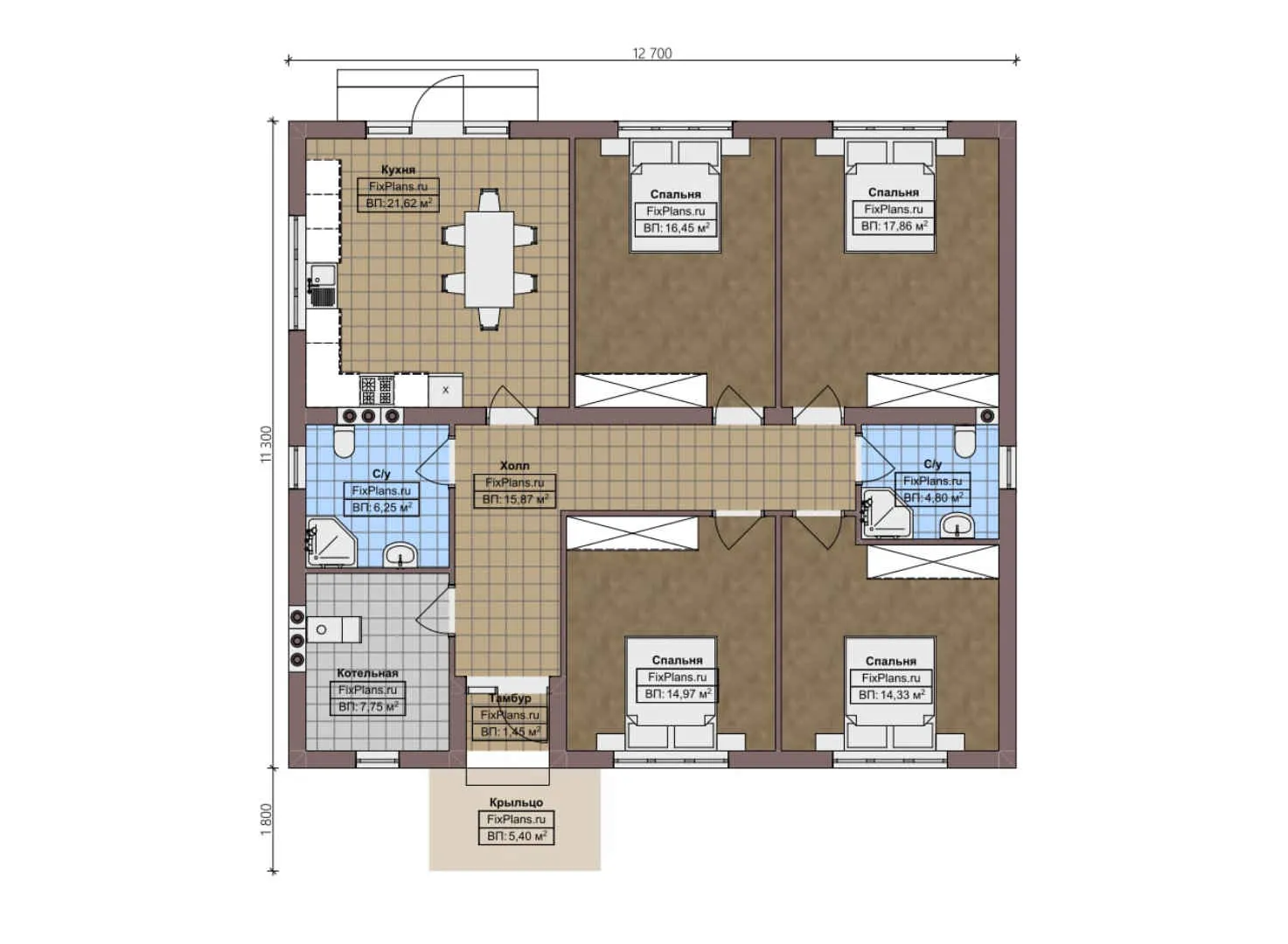 F-4166 - План одноэтажного дома 12 на 13, площадью 130 м² с 4 спальнями