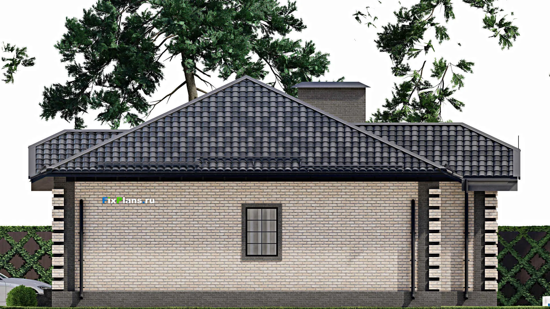 F-5561 - План одноэтажного дома 13 на 18, площадью 190 м² с террасой, гаражом на 1 машину и 3 спальнями