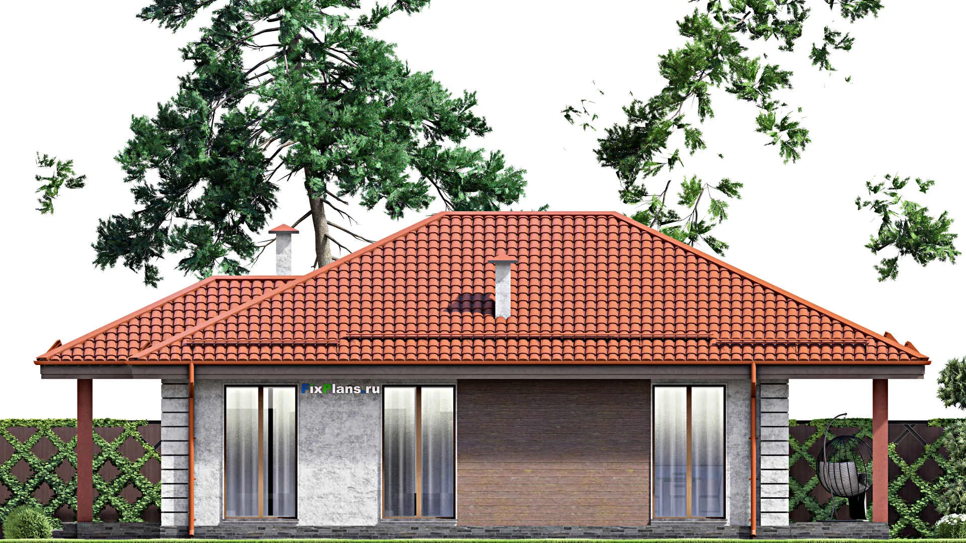 F-13877 - Проект одноэтажного дома 16 на 16, площадью 170 м² с террасой, гаражом на 1 машину и 3 спальнями