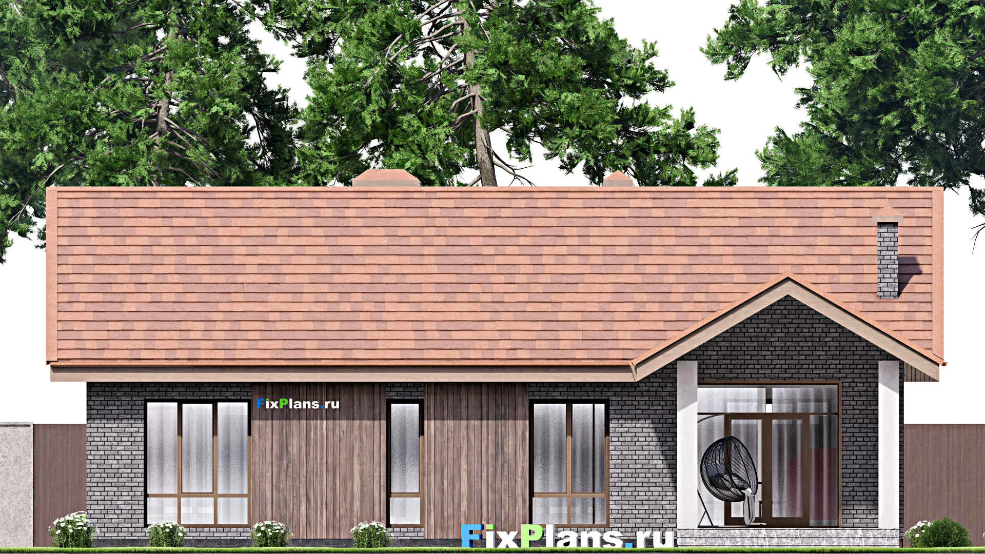 F-14390 - Проект одноэтажного дома 14 на 16, площадью 130 м² с террасой и 3 спальнями