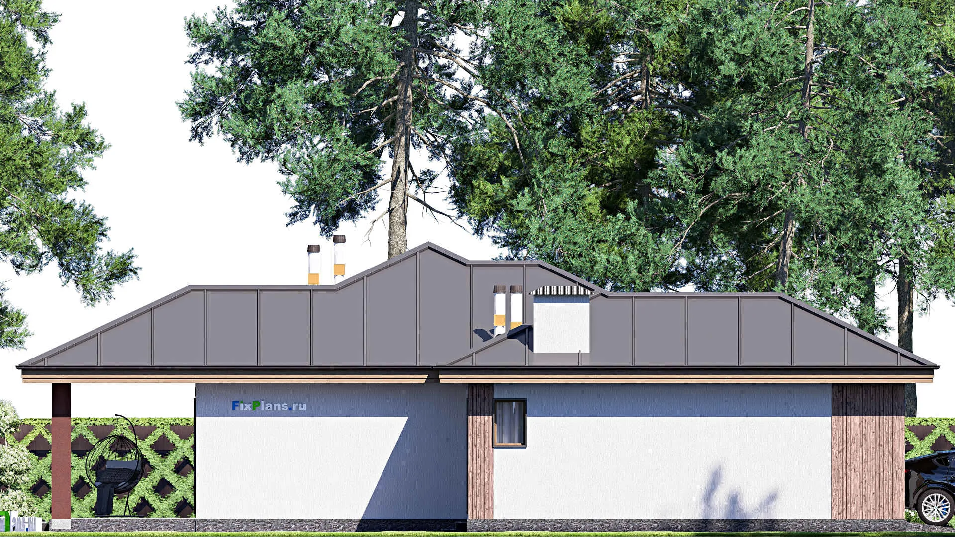 F-19349 - Проект одноэтажного дома 17 на 18, площадью 150 м² с террасой, гаражом на 1 машину и 2 спальнями