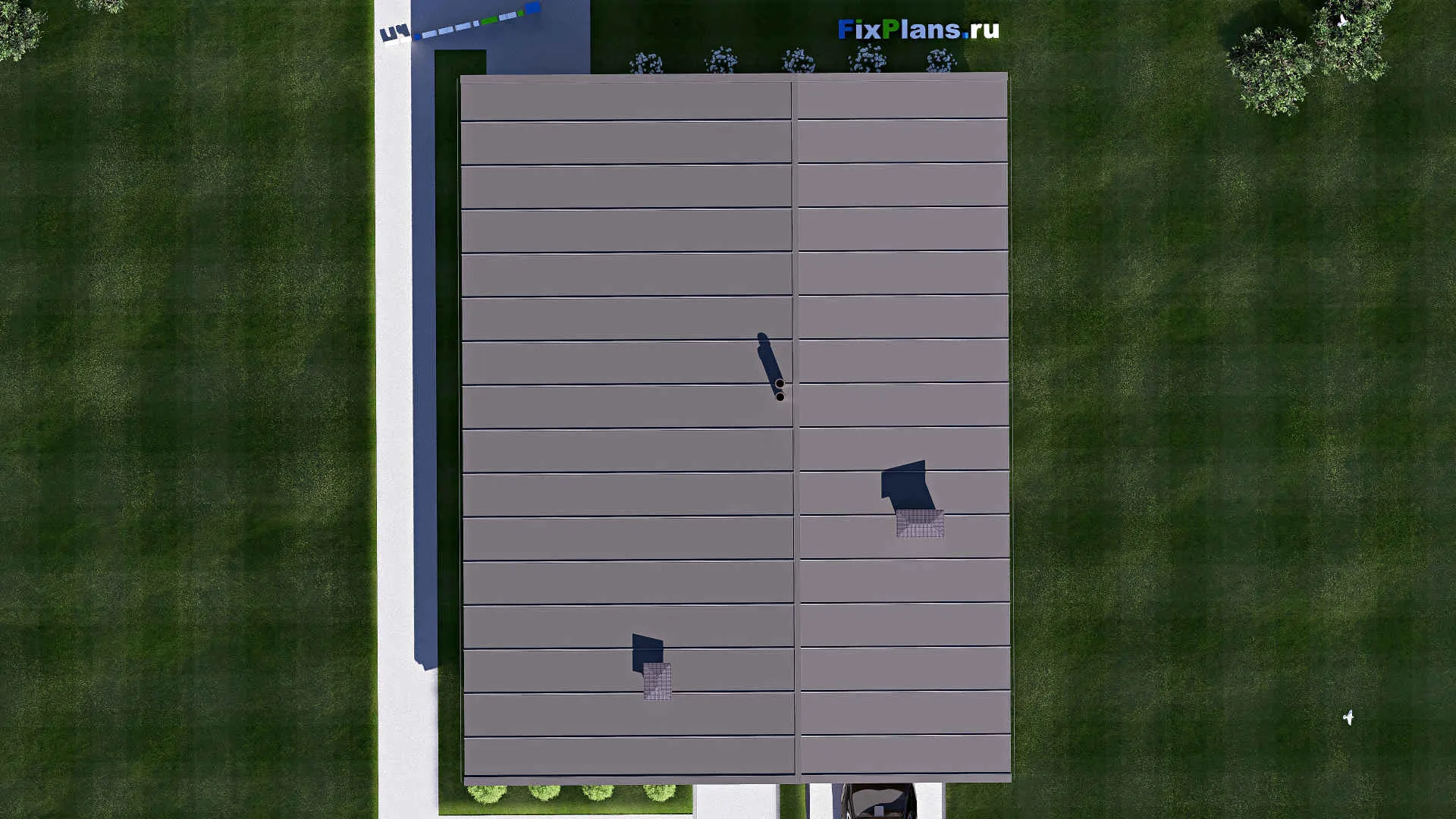 F-19970 - План одноэтажного дома 13 на 17, площадью 170 м² с террасой, гаражом на 1 машину и 3 спальнями