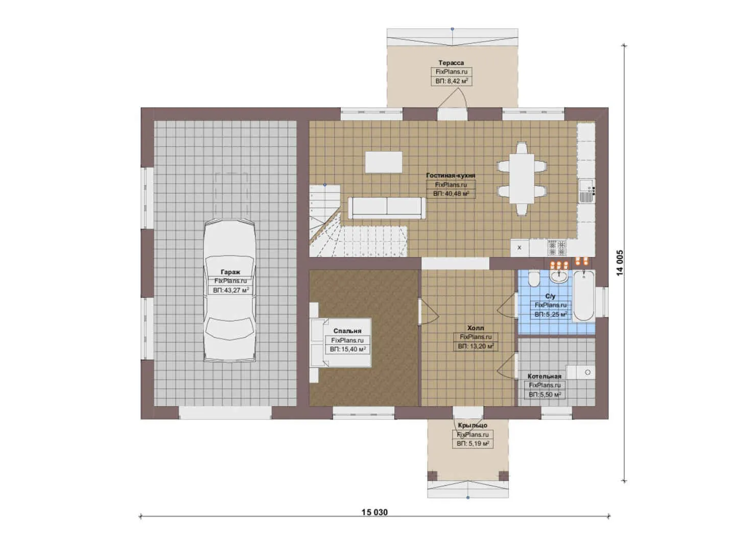 F-17765 - Планы двухэтажного дома 15 на 16, площадью 270 м² с террасой, балконом, гаражом на 2 машины и 5 спальнями