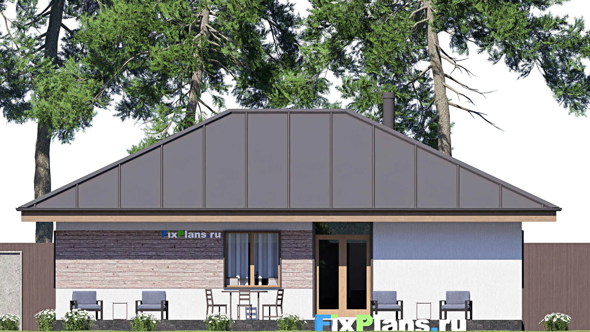 F-19835 - План одноэтажного дома 13 на 14, площадью 140 м² с террасой и 3 спальнями