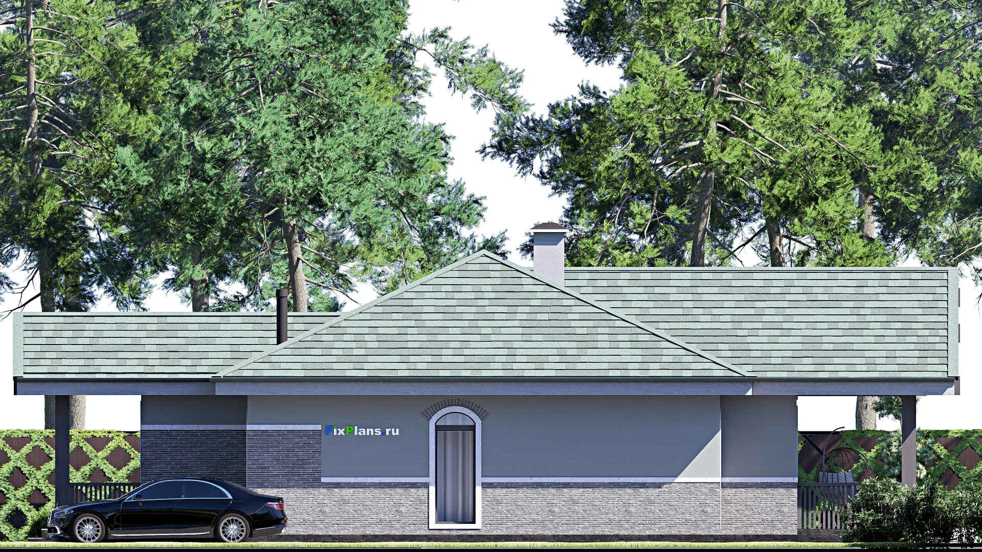 F-20888 - Проект одноэтажного дома 17 на 19, площадью 180 м² с террасой, баней и 3 спальнями