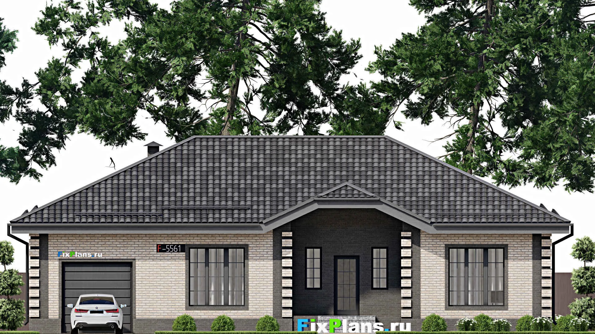 F-5561 - План одноэтажного дома 13 на 18, площадью 190 м² с террасой, гаражом на 1 машину и 3 спальнями