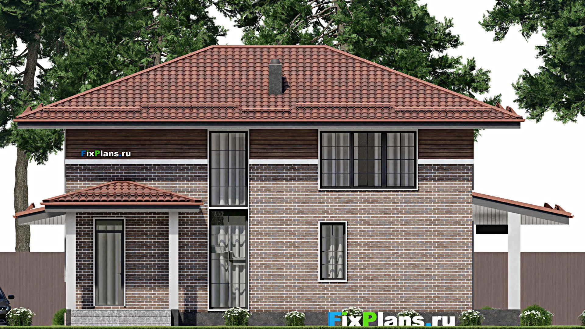 F-8549 - Проект двухэтажного дома 15 на 15, площадью 250 м² с террасой и 4 спальнями