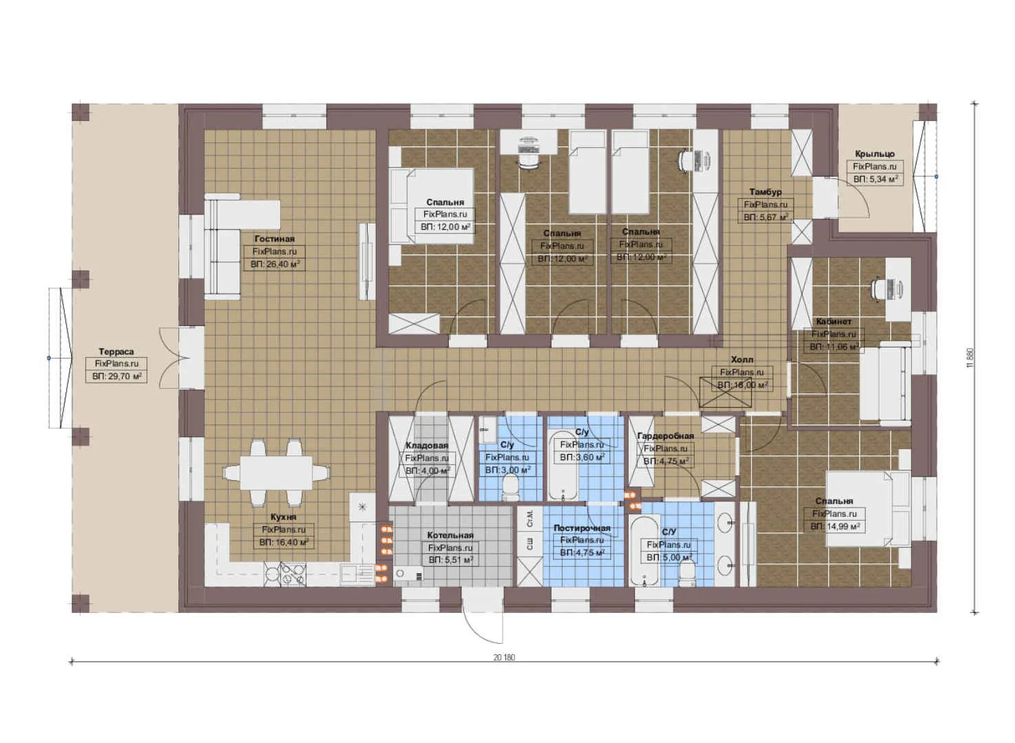 F-19232 - План одноэтажного дома 12 на 21, площадью 200 м² с террасой и 4 спальнями