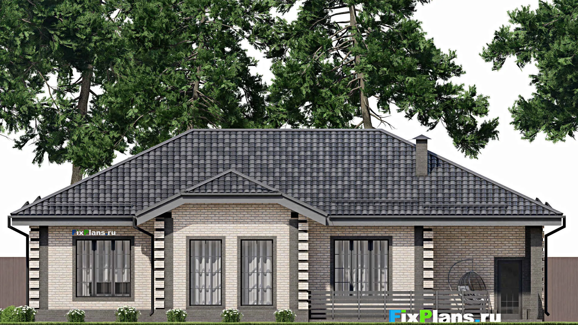 F-5561 - План одноэтажного дома 13 на 18, площадью 190 м² с террасой, гаражом на 1 машину и 3 спальнями