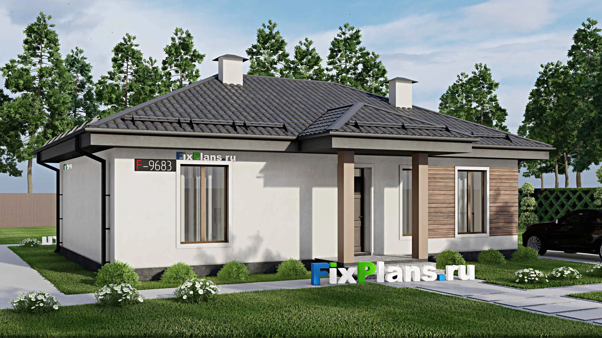 F-9683 - Проект одноэтажного дома 13 на 13, площадью 100 м² с террасой и 3 спальнями