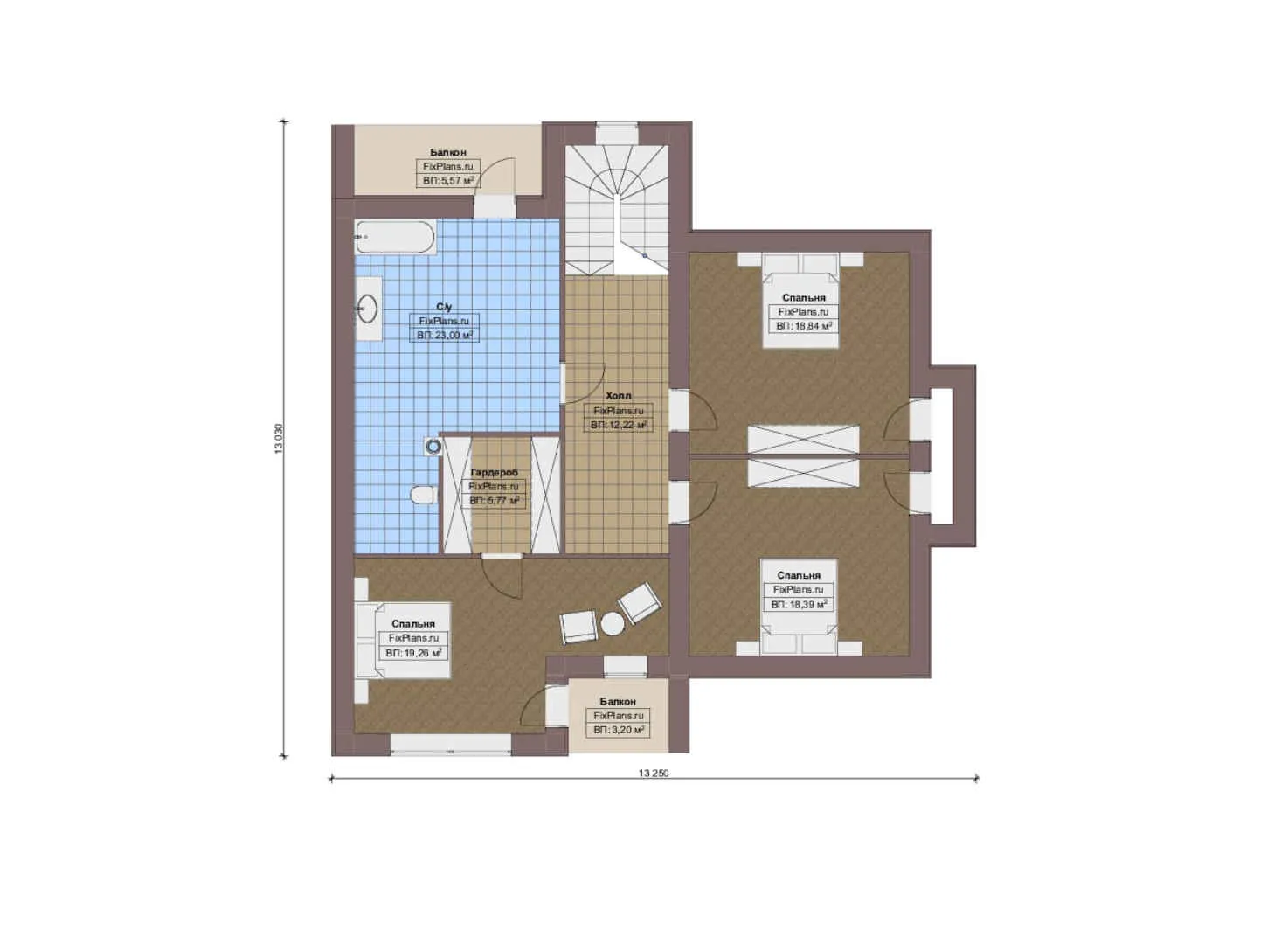 F-15884 - Планы дома с мансардой 16 на 17, площадью 300 м² с террасой, балконом, гаражом на 1 машину и 4 спальнями