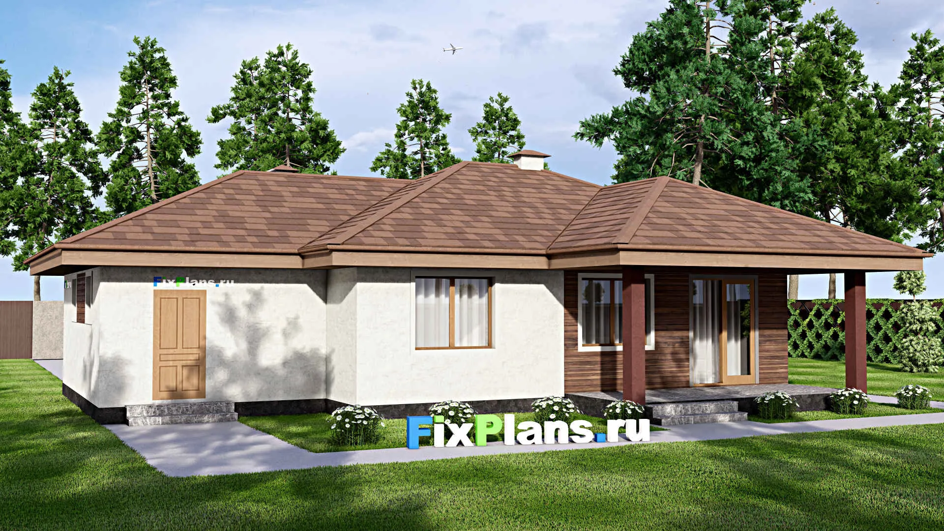 F-13634 - Проект одноэтажного дома 13 на 16, площадью 120 м² с террасой, гаражом на 1 машину и 2 спальнями