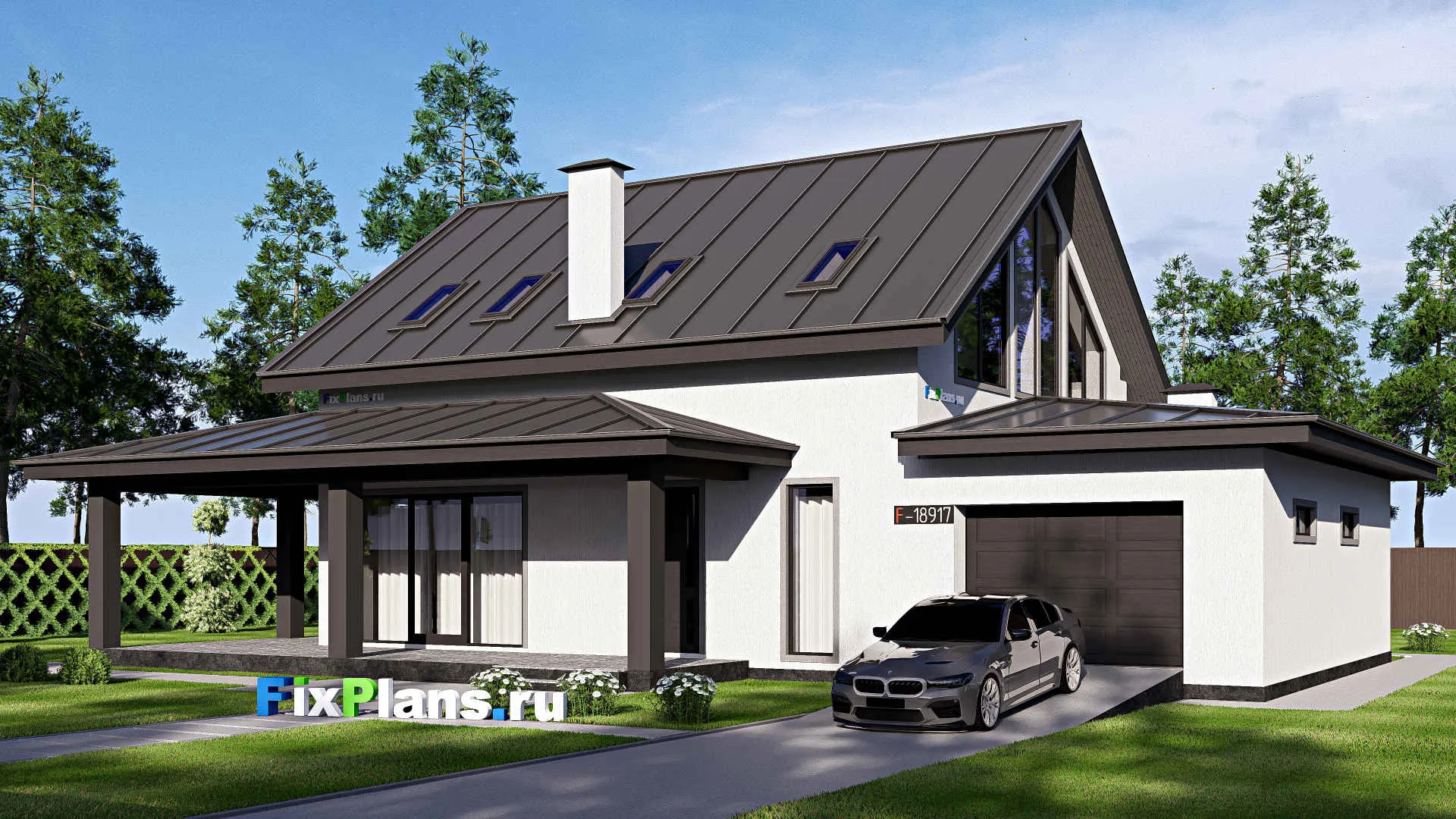 F-18917 - Проект дома с мансардой 14 на 21, площадью 320 м² с террасой, гаражом на 2 машины и 4 спальнями