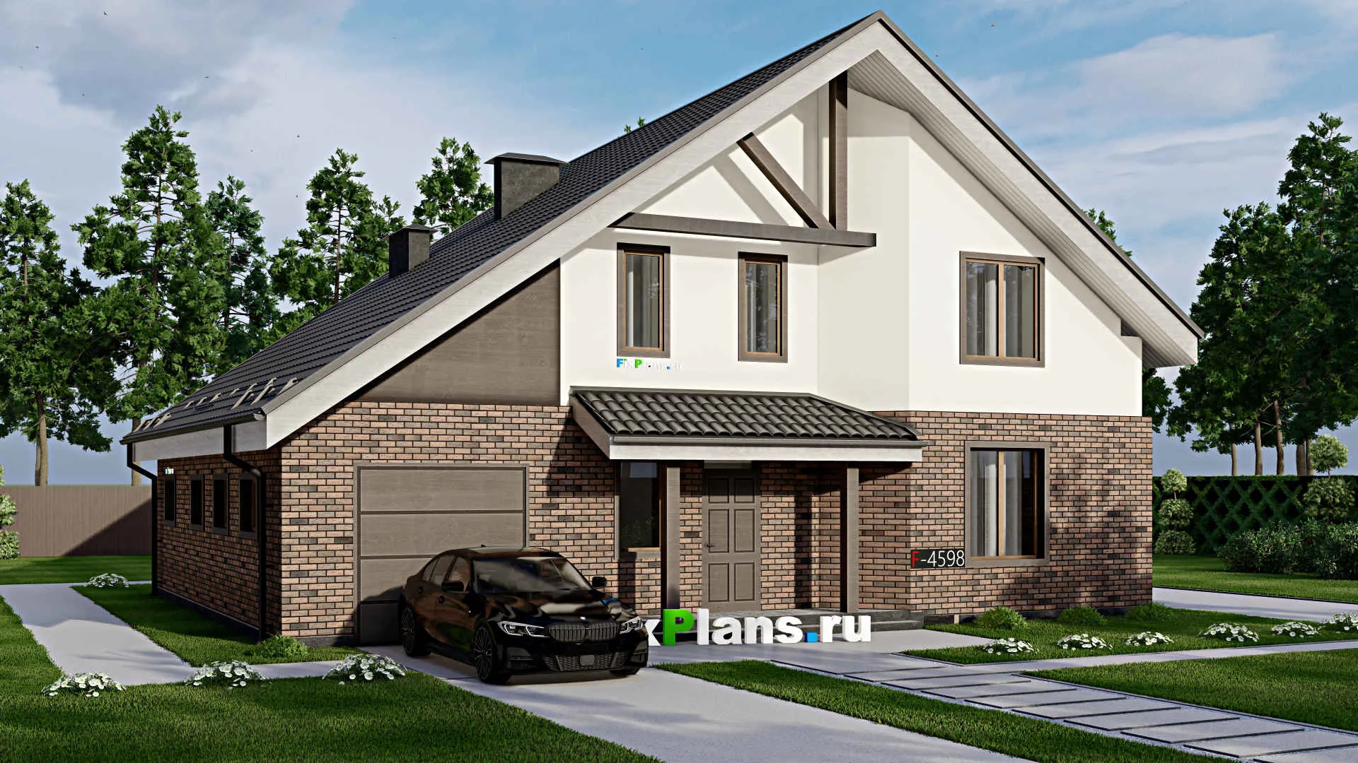 F-4598 - Проект дома с мансардой 13 на 14, площадью 210 м² с гаражом на 1 машину и 3 спальнями