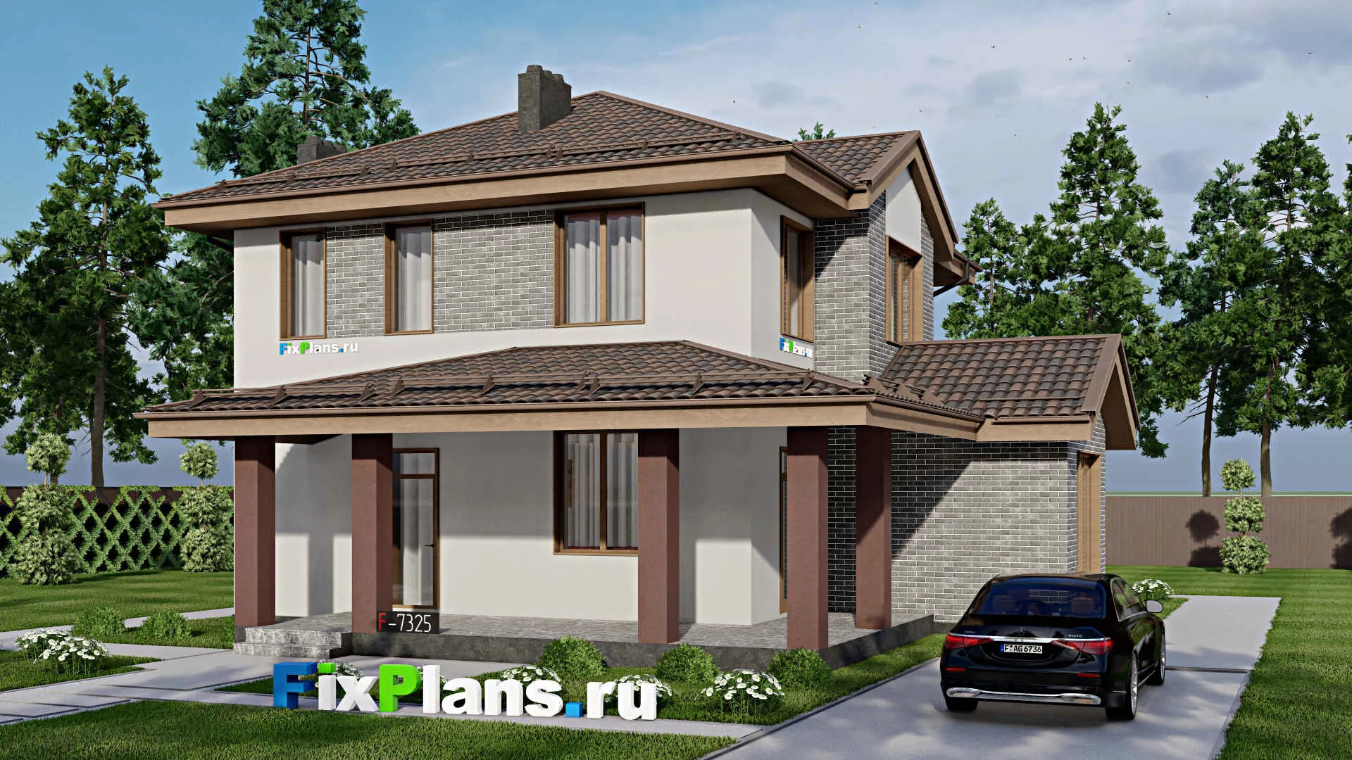 F-7325 - Проект двухэтажного дома 14 на 14, площадью 200 м² с террасой и 4 спальнями