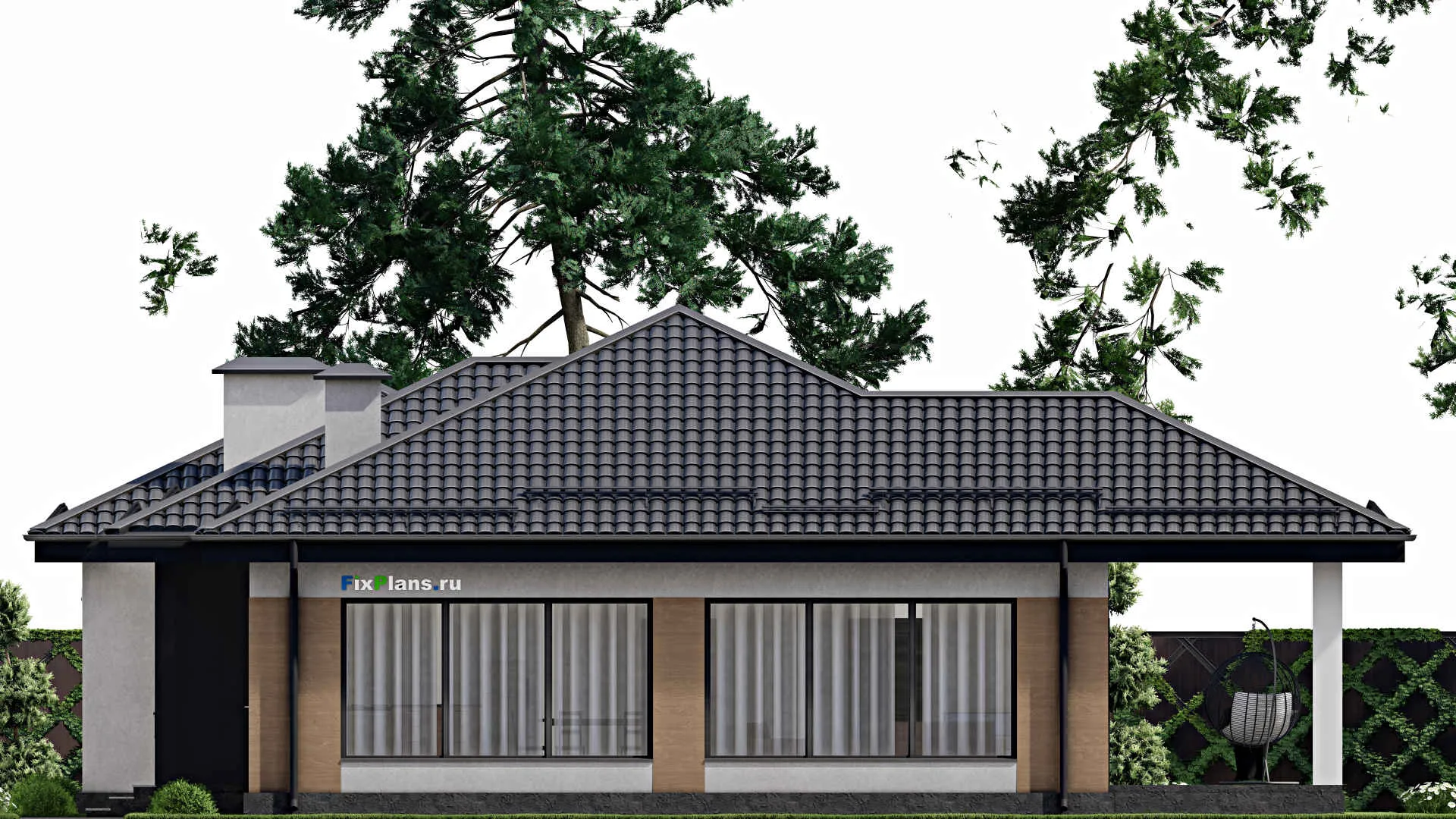 F-4184 - Проект одноэтажного дома 14 на 19, площадью 170 м² с террасой, гаражом на 2 машины и 2 спальнями