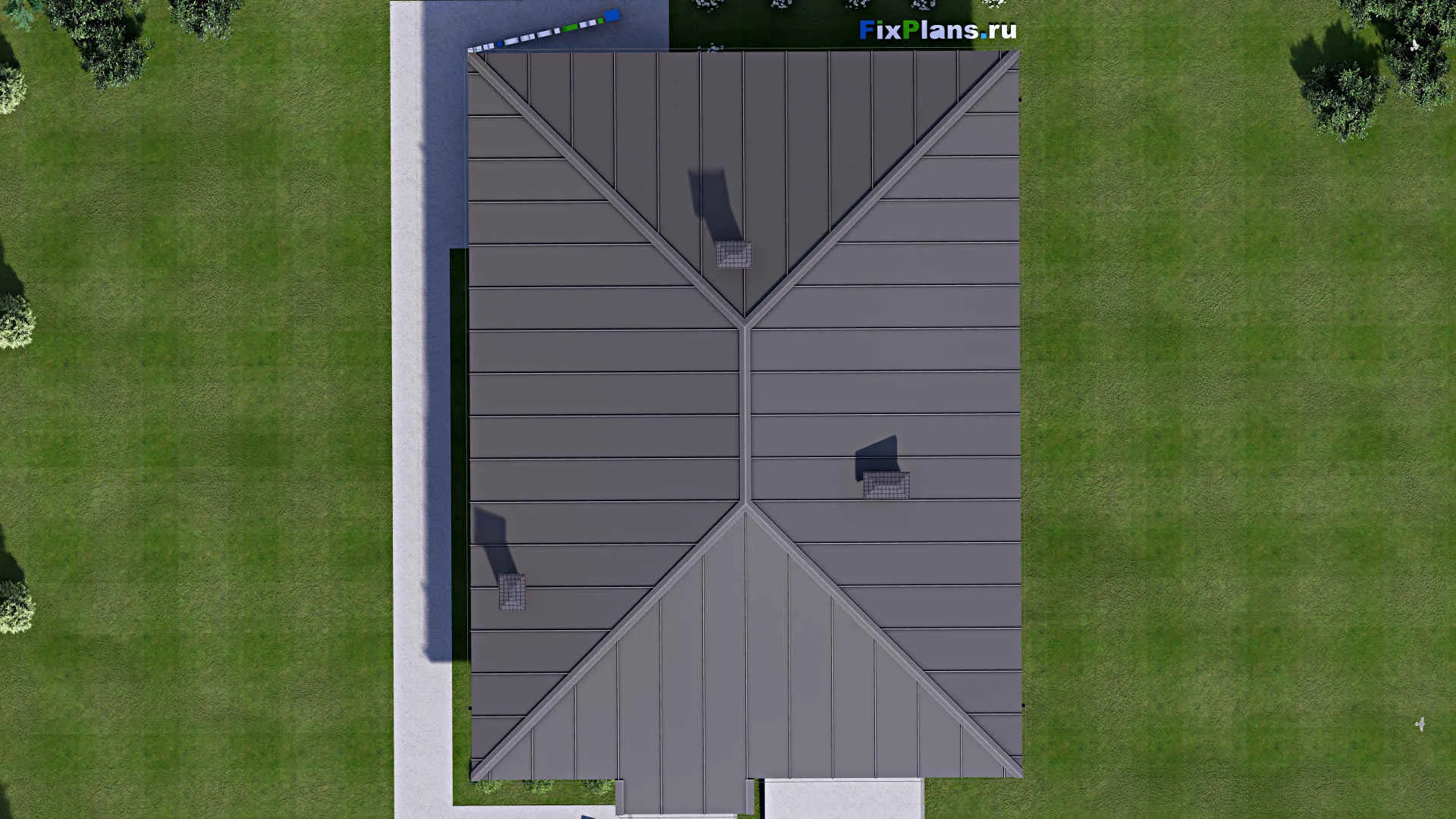 F-14291 - План одноэтажного дома 13 на 18, площадью 180 м² с террасой, гаражом на 1 машину и 3 спальнями