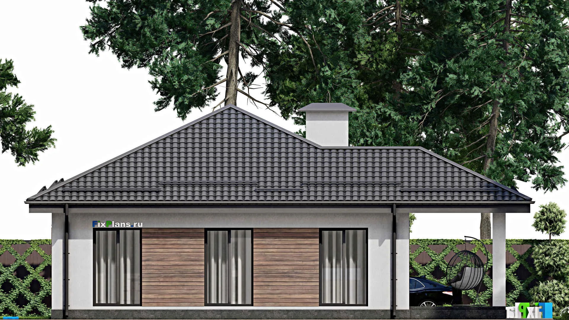 F-3383 - Проект одноэтажного дома 11 на 16, площадью 160 м² с террасой и 3 спальнями