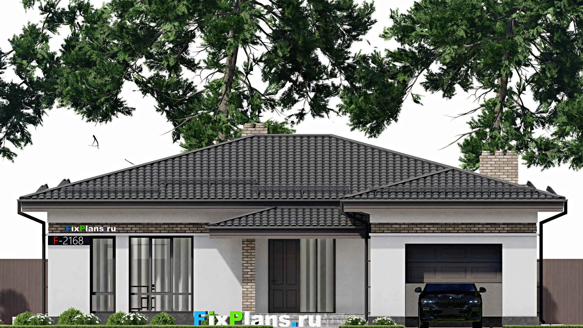 F-2168 - Проект одноэтажного дома 16 на 18, площадью 180 м² с террасой, баней, гаражом на 1 машину и 2 спальнями