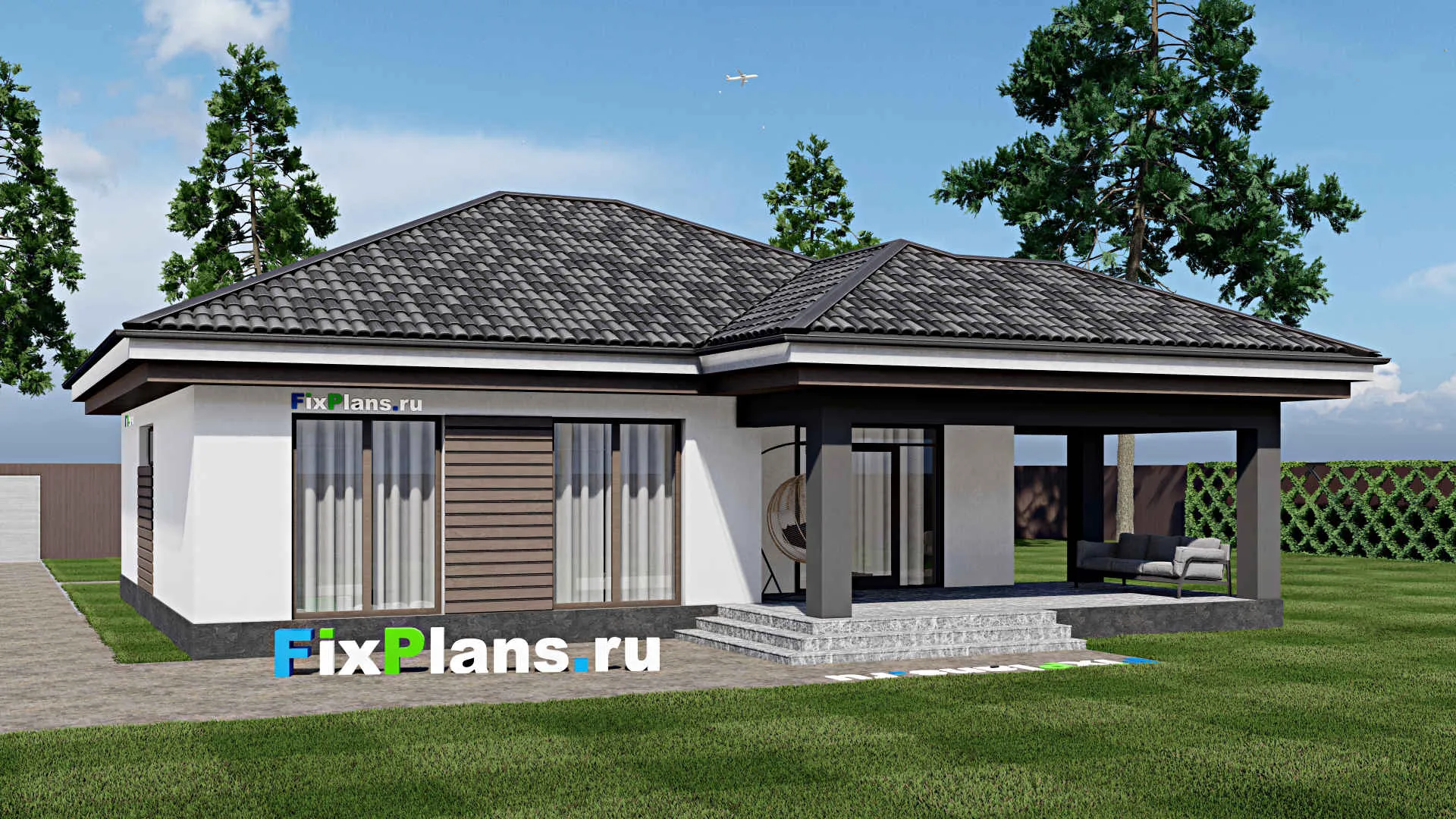 F-1799 - Проект одноэтажного дома 11 на 13, площадью 130 м² с террасой и 3 спальнями