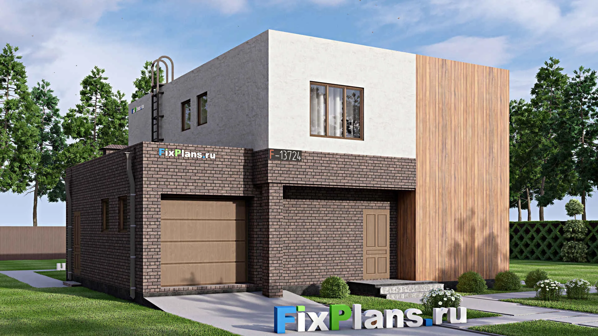 F-13724 - Проект двухэтажного дома 12 на 16, площадью 220 м² с террасой, гаражом на 1 машину и 4 спальнями