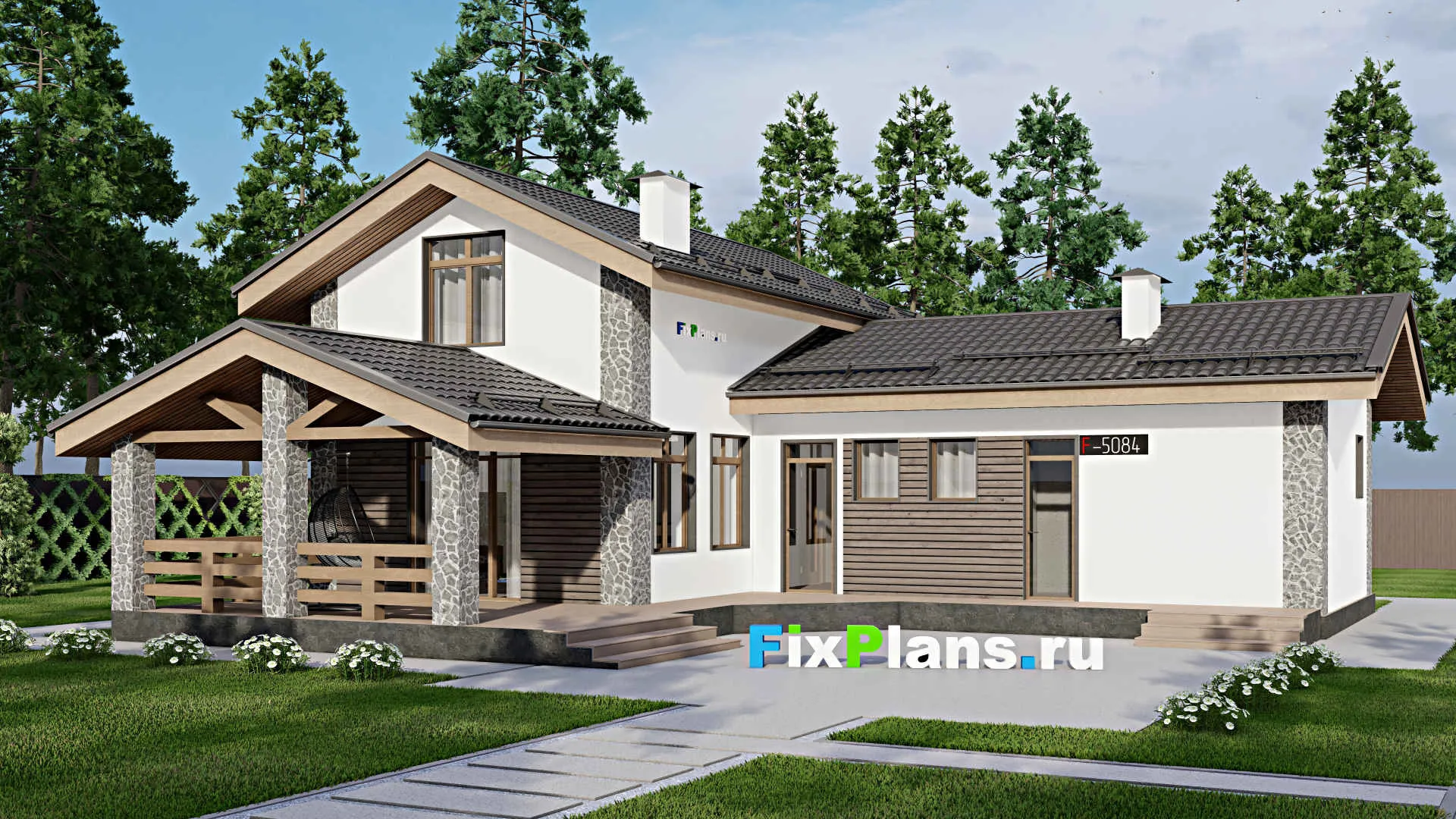 F-5084 - Проект дома с мансардой 10 на 15, площадью 170 м² с террасой, баней и 2 спальнями