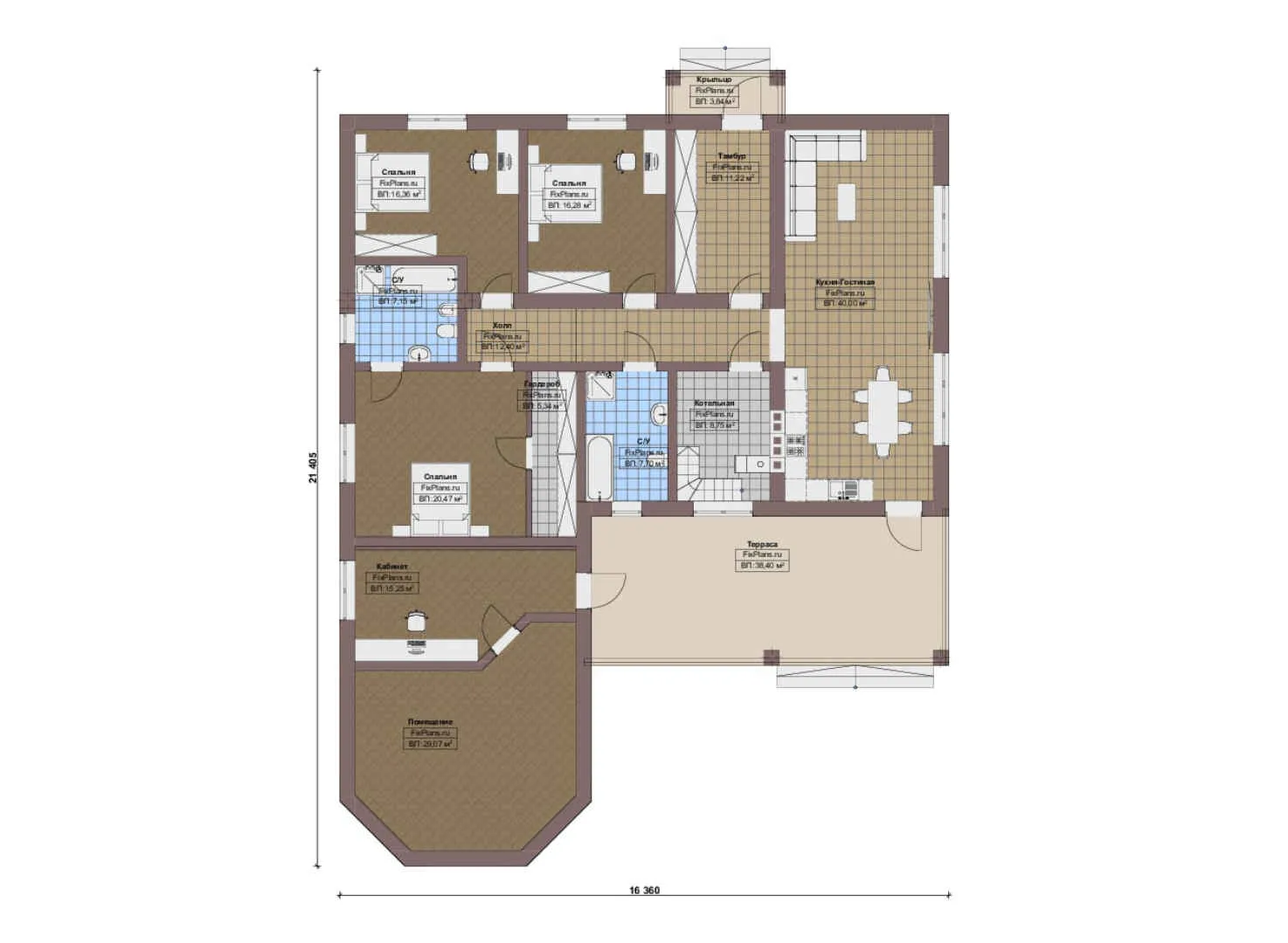 F-18755 - План одноэтажного дома 17 на 22, площадью 240 м² с террасой и 3 спальнями