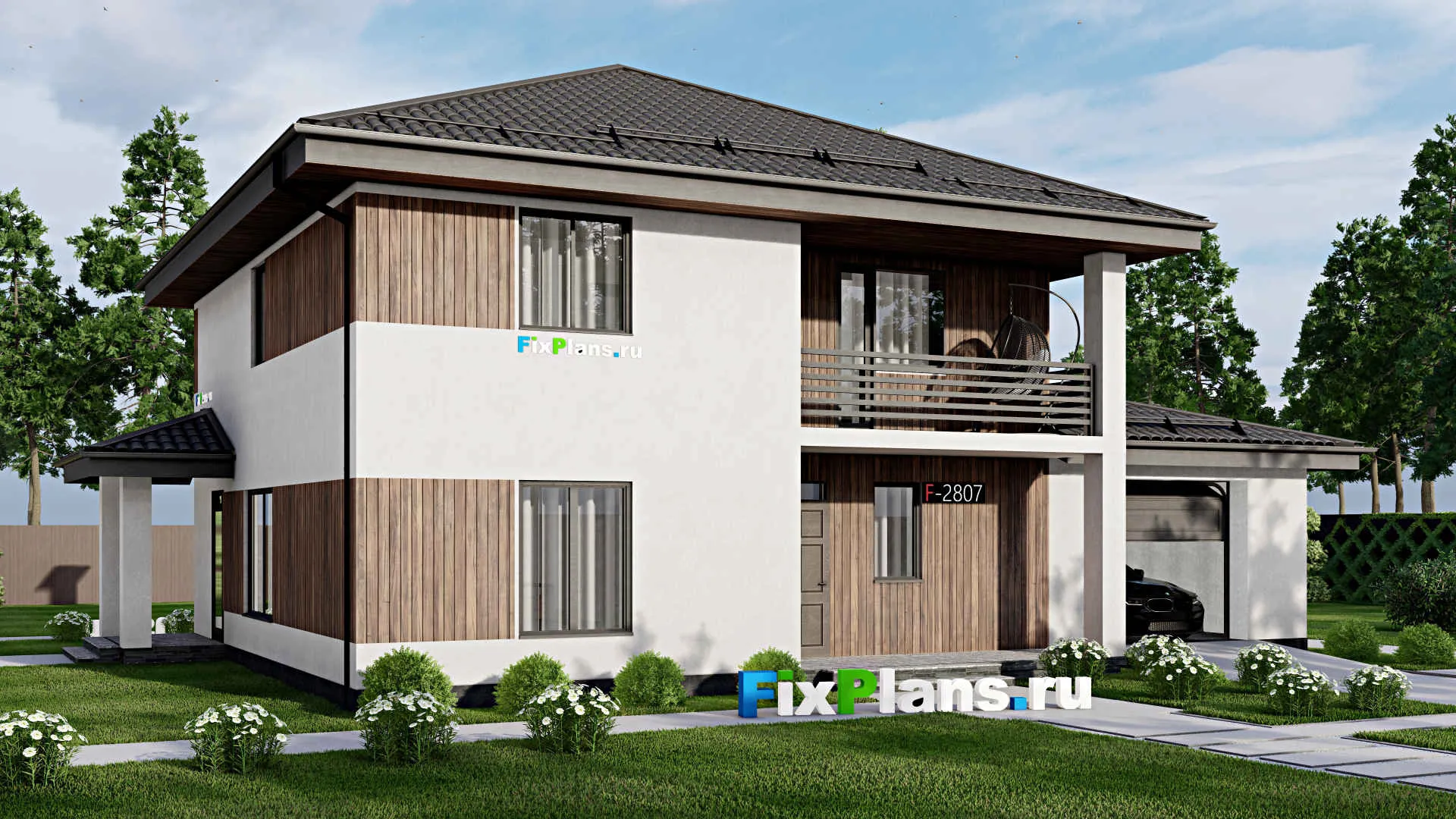 F-2807 - Проект двухэтажного дома 12 на 16, площадью 230 м² с террасой, балконом, гаражом на 1 машину и 6 спальнями