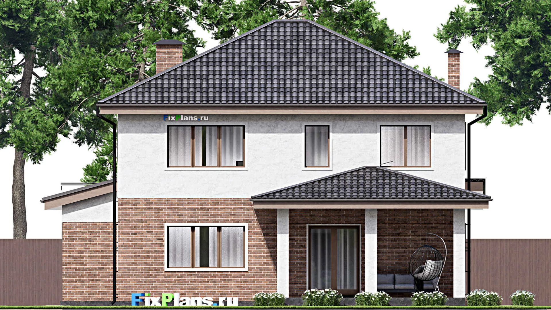 F-13013 - Проект двухэтажного дома 12 на 21, площадью 260 м² с террасой, гаражом на 2 машины и 5 спальнями