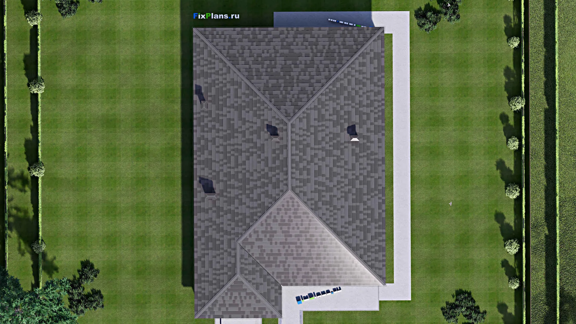 F-14507 - Проект одноэтажного дома 16 на 25, площадью 300 м² с террасой, гаражом на 2 машины и 4 спальнями