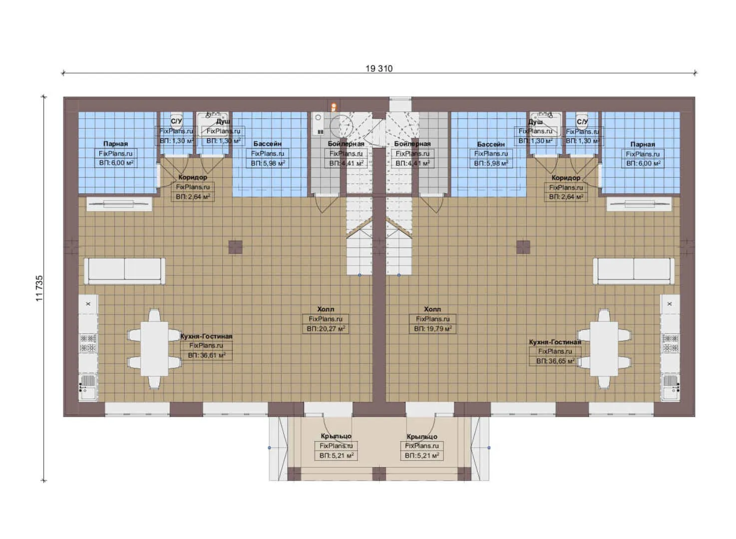 F-19691 - Планы двухэтажного дома 12 на 20, площадью 310 м² с баней, бассейном и 4 спальнями