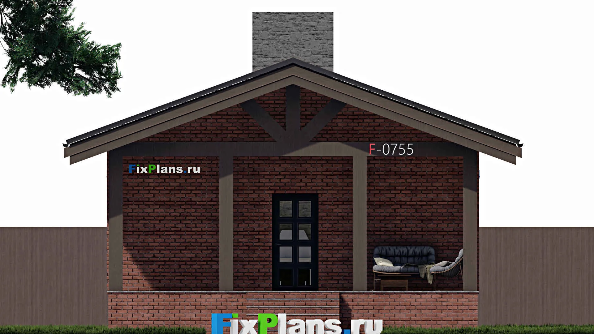F-0755 - Проект одноэтажного дома 8 на 10, площадью 90 м² с террасой и 2 спальнями