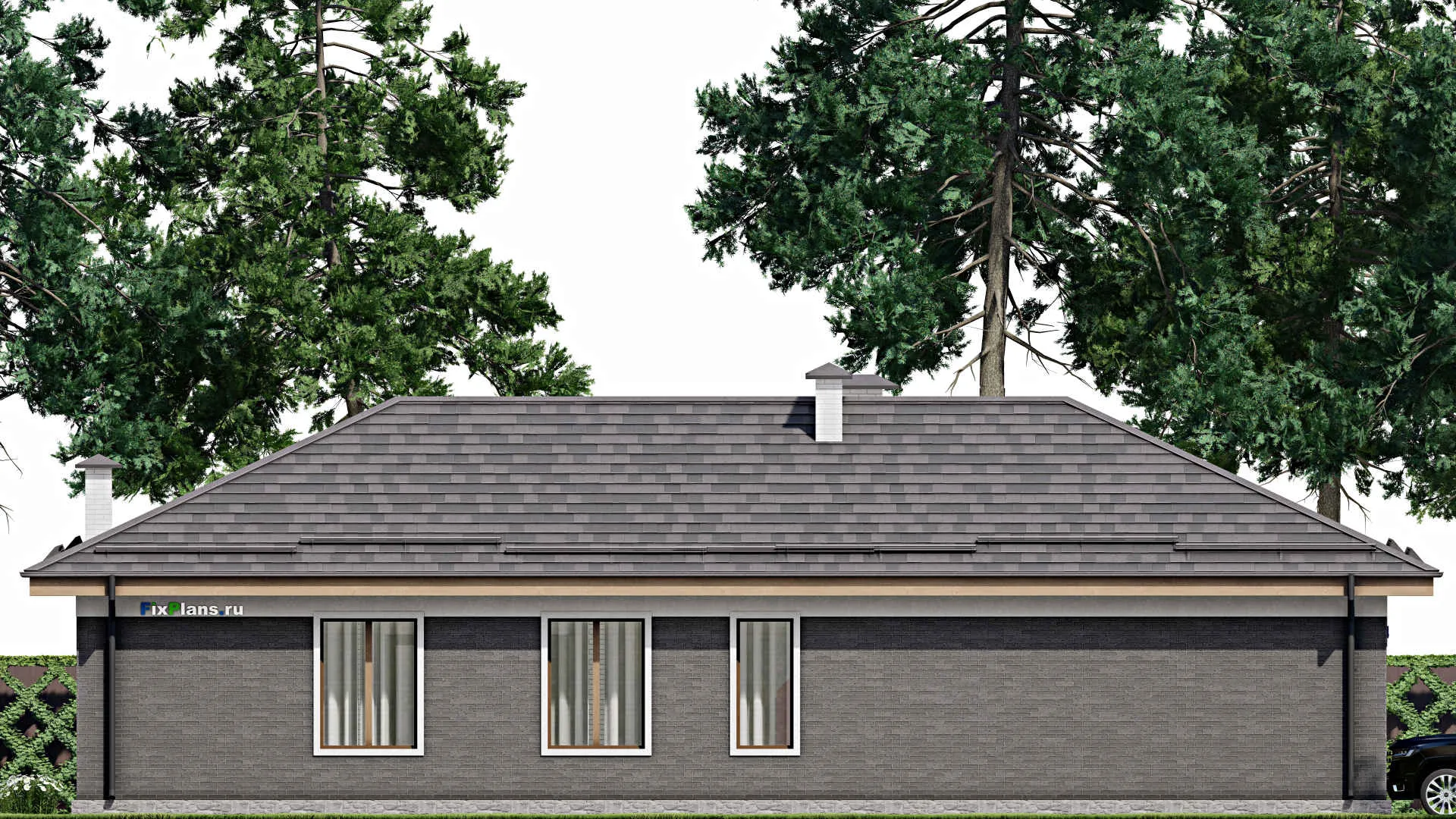 F-10214 - Проект одноэтажного дома 15 на 20, площадью 200 м² с террасой, гаражом на 2 машины и 3 спальнями