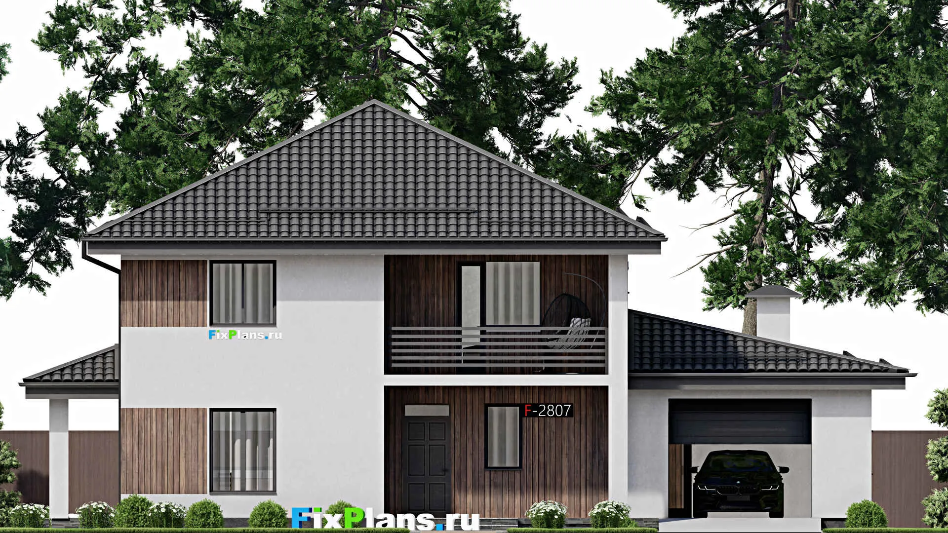 F-2807 - Проект двухэтажного дома 12 на 16, площадью 230 м² с террасой, балконом, гаражом на 1 машину и 6 спальнями