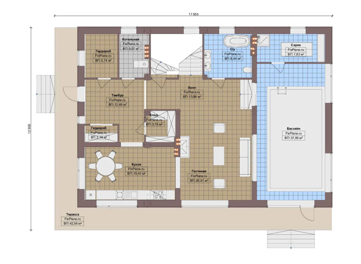 F-14696 - Планы двухэтажного дома 13 на 18, площадью 350 м² с террасой, балконом, баней, бассейном и 3 спальнями