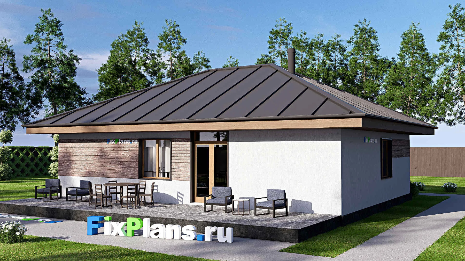 F-19835 - План одноэтажного дома 13 на 14, площадью 140 м² с террасой и 3 спальнями