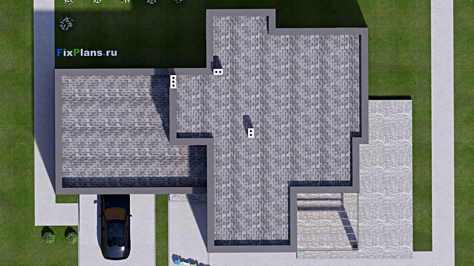 F-16658 - Проект двухэтажного дома 17 на 24, площадью 340 м² с террасой, гаражом на 2 машины и 3 спальнями
